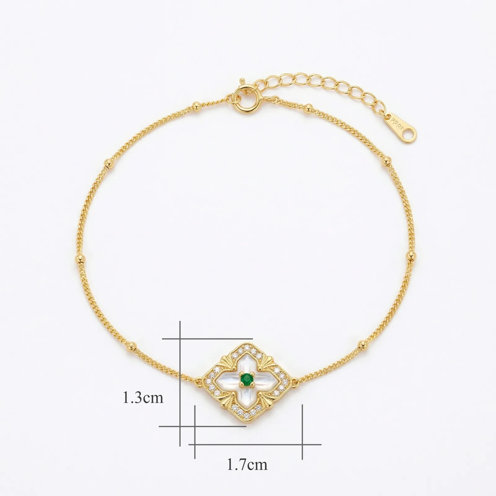 925 Sterling Silver Radiant Emerald and Mother of Pearl Quatrefoil Station Bracelet with Delicate Beading