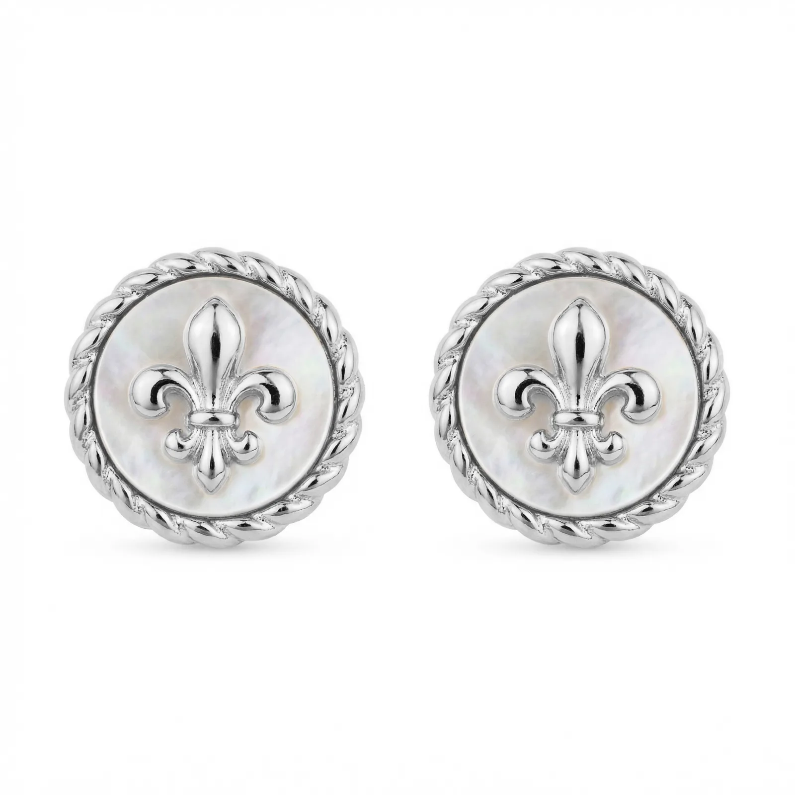 925 Sterling Silver Elegant Fleur-de-lis Mother-of-Pearl Silver-Tone Stud Earrings